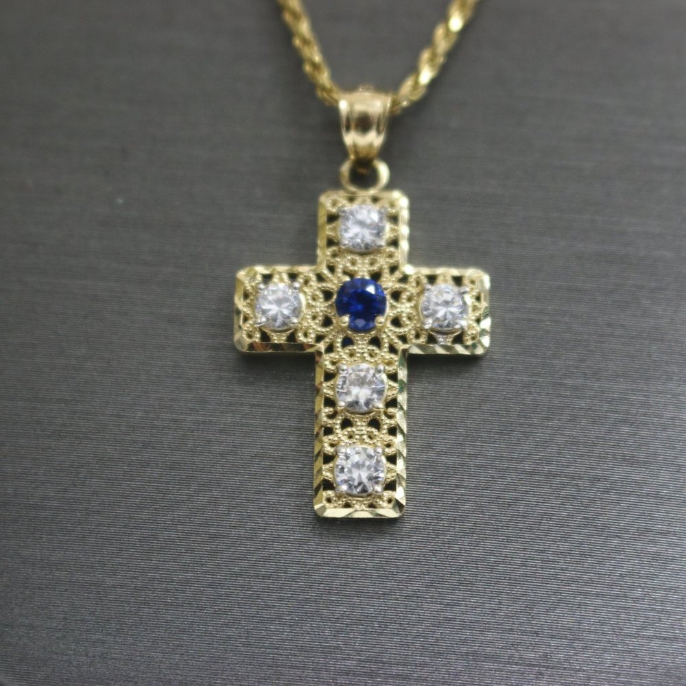 14kt White & Blue Sapphire Cross Pendant with 14kt Hollow Rope Chain
